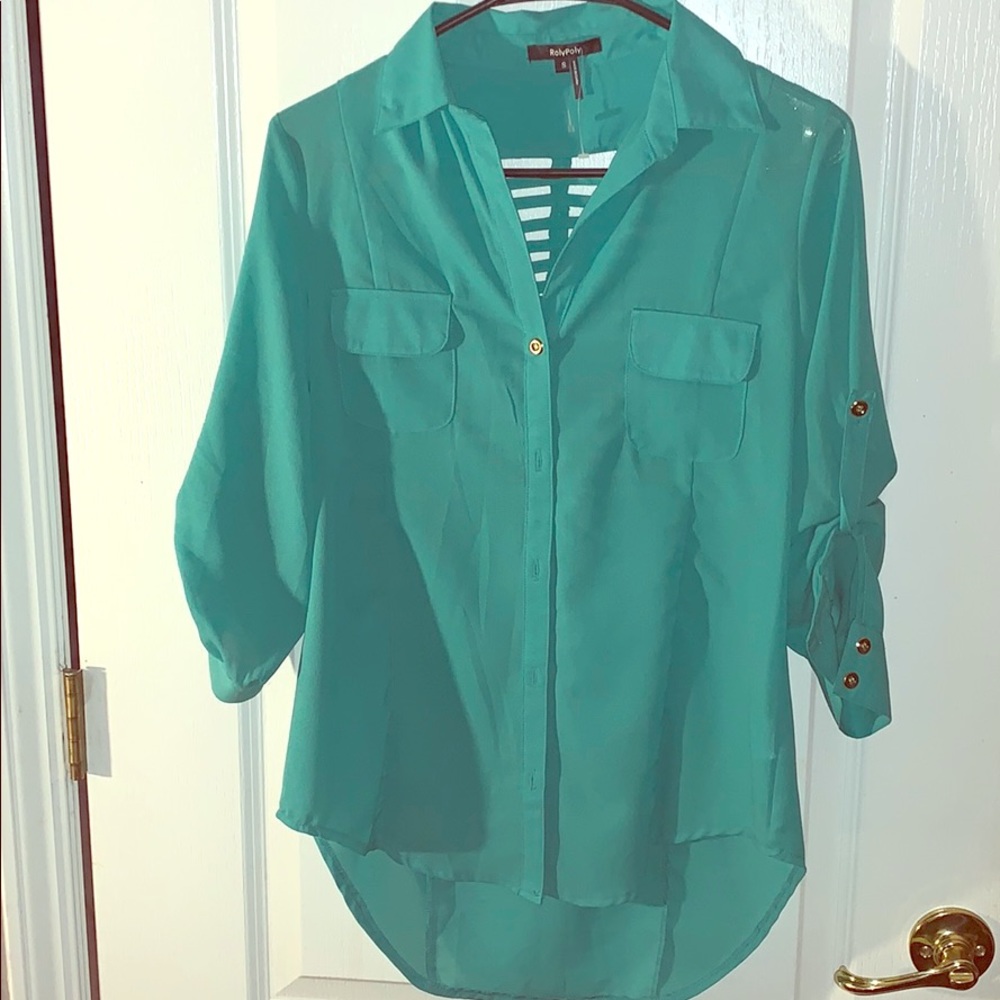 Teal Button down shirt open back Size M